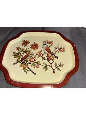 Vintage Mid Century Modern Floral Birds Metal Trinket Mini Tray